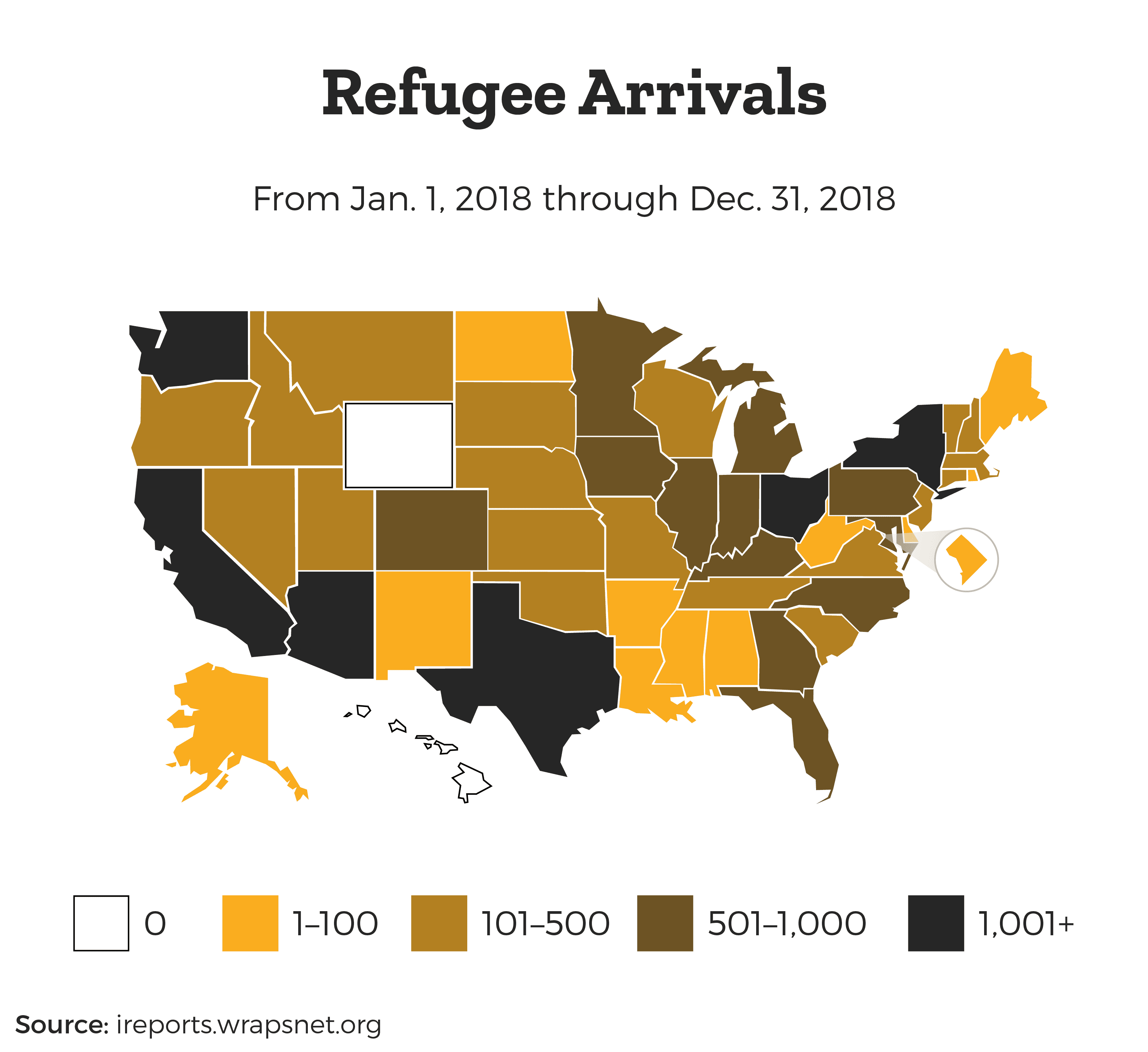 Map of Refugee Arrivals by US State color coded by volume of refugee arrivals
